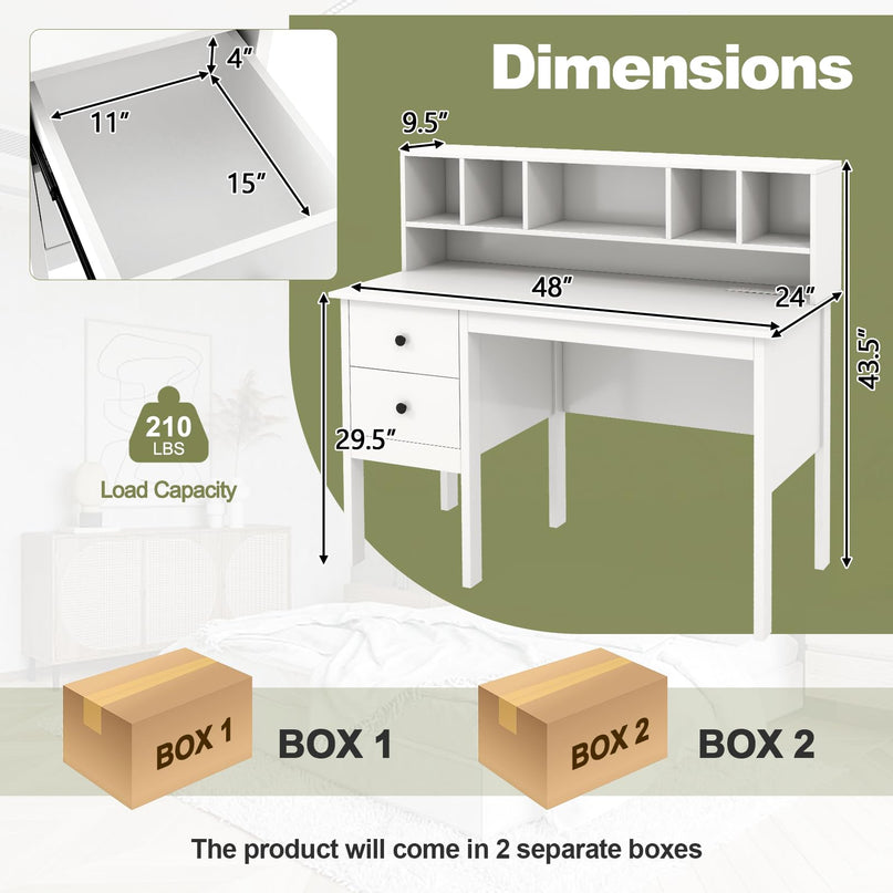 Giantex White Desk with Drawers and Power Outlet, 48" Home Office Computer Desk with 5-Cubby Hutch