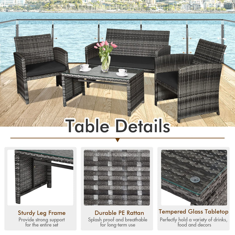 Giantex 4 Pc Rattan Patio Furniture Garden Lawn Sofa Cushioned Seat Mix Gray Wicker Conversation Sets