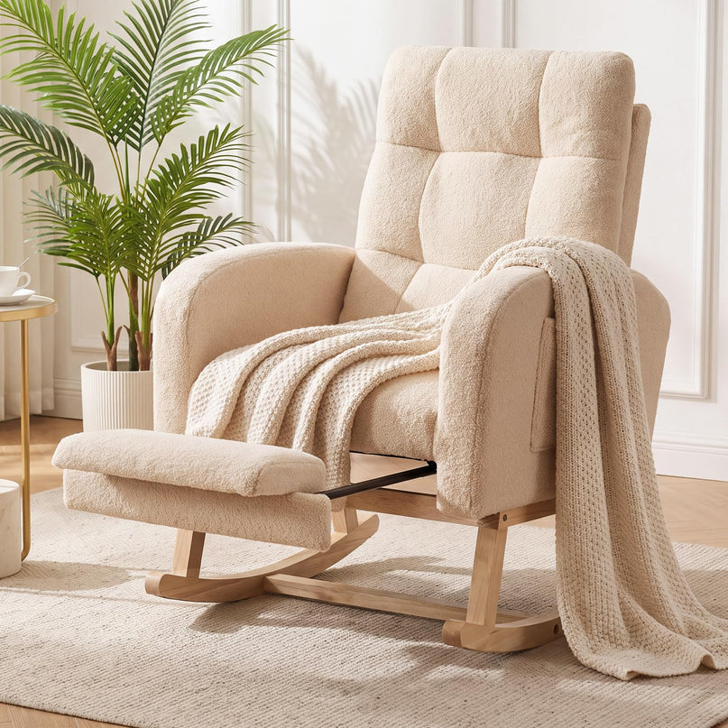 GIANTEX Nursery Rocking Chair | Teddy Upholstered Glider Chair with Footrest