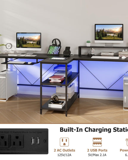 Giantex 94.5” 2 Person Desk with LED Lights, Long PC Study Desk with Storage Shelves, Power Outlets