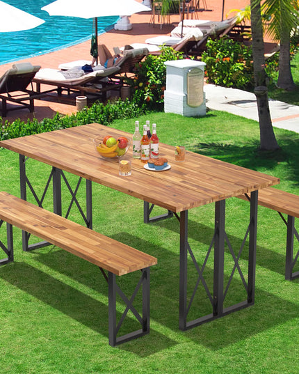 Giantex Outdoor Picnic Table Set with 2 Benches, Acacia Wood Patio Dining Table Set for 6 or 4 Persons, with 2” Umbrella Hole