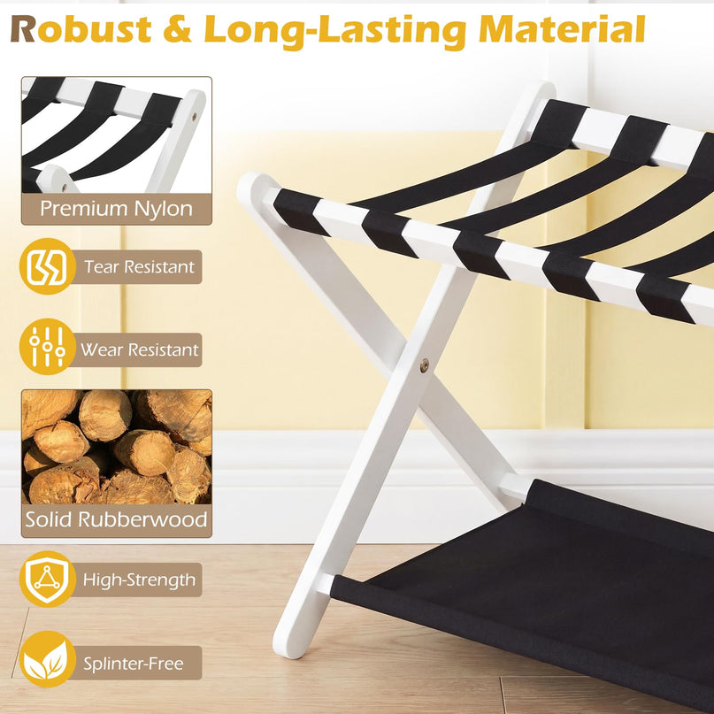Giantex Folding Luggage Rack | Solid Rubber Wood Suitcase Stand with Storage Shelves (1/2)