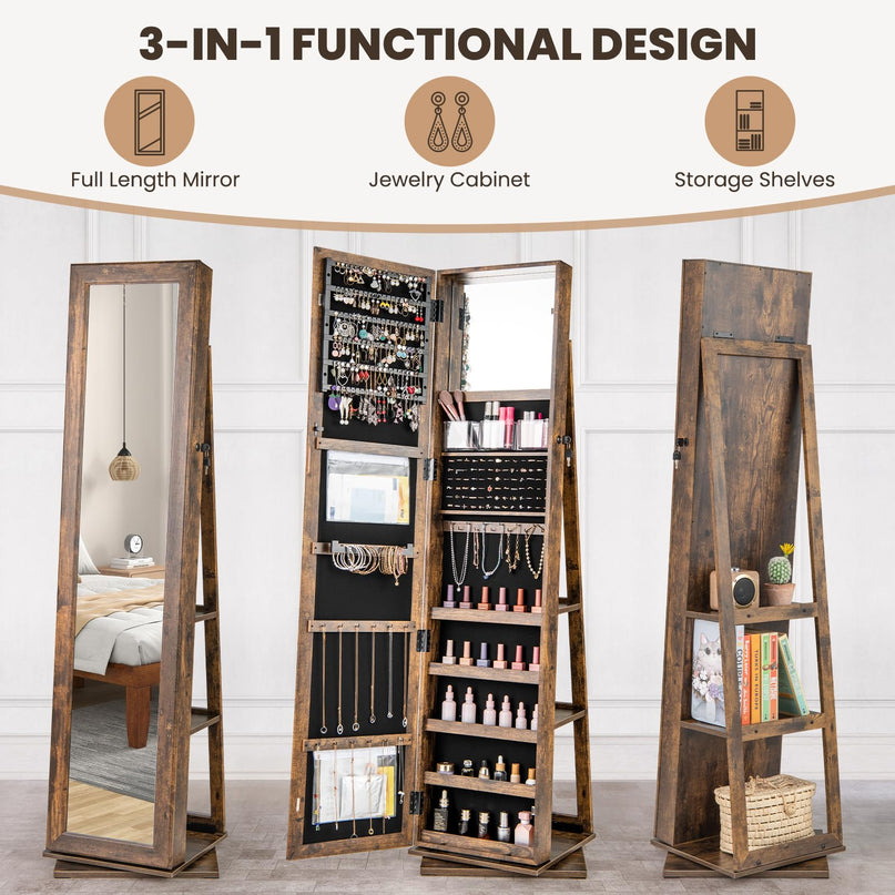 CHARMAID 360° Swivel Jewelry Armoire with Full Length Mirror