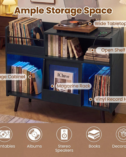 Giantex Large Record Player Stand with LED Light(34" x 14.5" x 29")