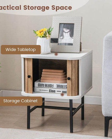 Giantex Mid-Century Modern Nightstand, Wood Bedside Table with Sliding Doors and 4 Metal Legs