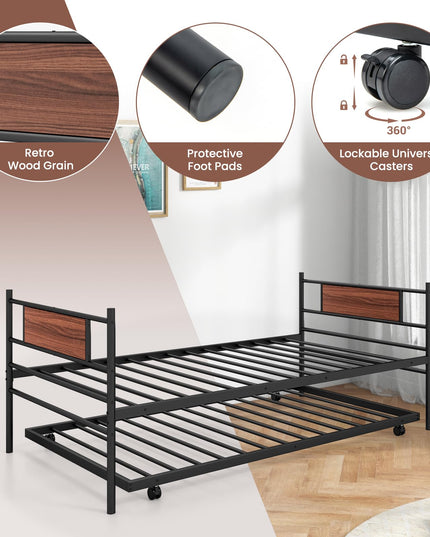 Giantex Metal Daybed with Trundle, Twin Size Day Bed with Wood Grain Headboard & Metal Slat Support