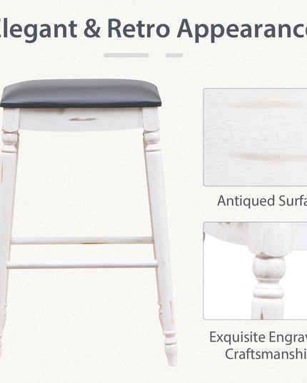 Giantex Bar Stools, 29"/24" Bar Height Saddle Stools w/Padded Seat, Rubber Wood Legs, Footrests & Antiqued Surface