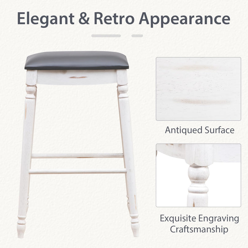 Giantex Bar Stools, 29"/24" Bar Height Saddle Stools w/Padded Seat, Rubber Wood Legs, Footrests & Antiqued Surface
