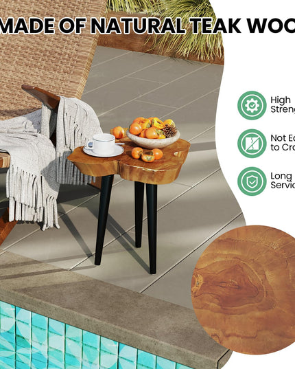 Giantex Teak Wood Outdoor Side Table - 18” End Table with Solid Live Edge, Irregular Tabletop, Mahogany Tapered Legs