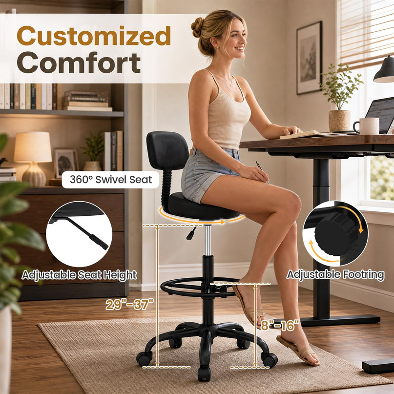 GIANTEX Drafting Chair with Back Adjustable Foot Rolling Stool with Wheels(1/2)
