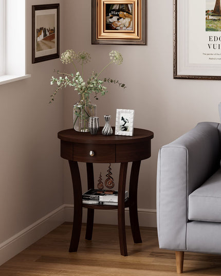 Giantex Round End Table with Drawer, 2-Tier Wood Side Table w/Open Shelf
