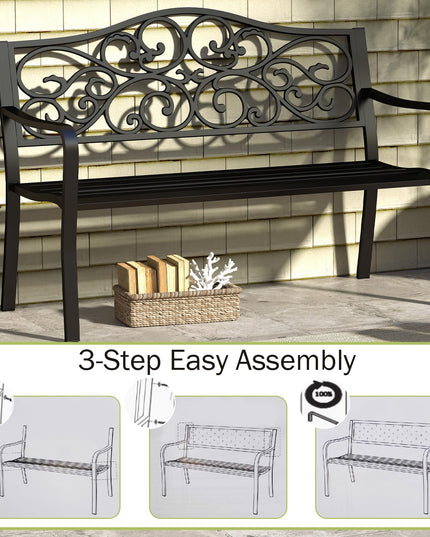 Giantex Outdoor Bench with Floral Pattern Ergonomic Backrest & Slatted Surface