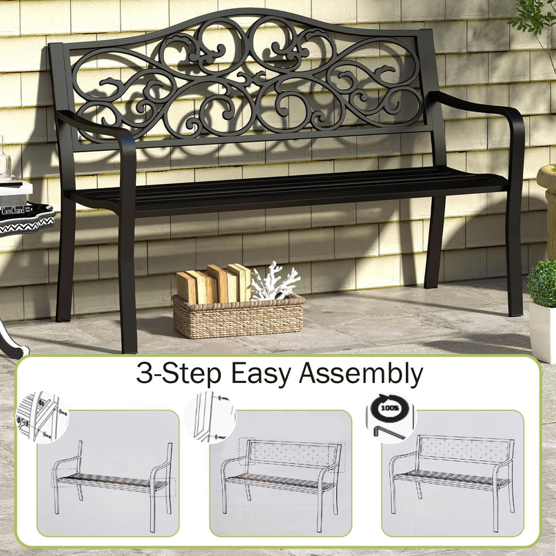 Giantex Outdoor Bench with Floral Pattern Ergonomic Backrest & Slatted Surface