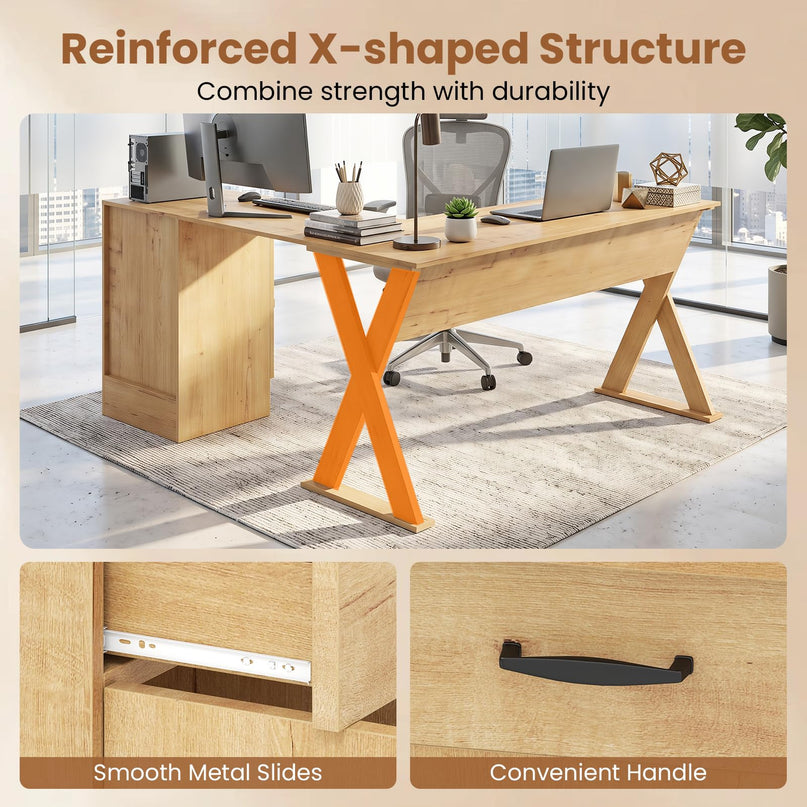 GIANTEX L-Shaped Computer Desk with Reversible Drawer & Cabinet