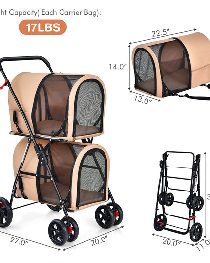 Double Pet Stroller with 2 Detachable Carrier Bags, 4 Lockable Wheels Cat Stroller