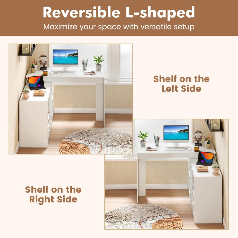 Giantex 48" Reversible L-Shaped Modern Corner Computer Desk with 2 Doors & 4 Open Storage Cubes