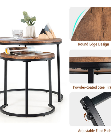 Nesting Coffee Table Set of 2, Round Stacking Side Tables w/Wooden Tabletop & Steel Frame