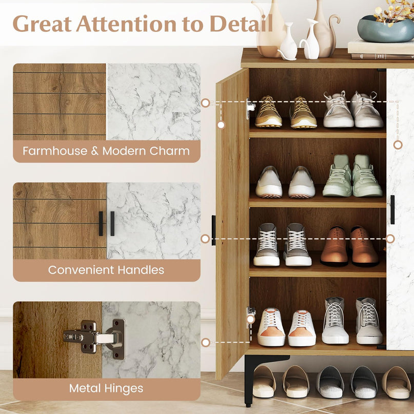 Giantex 4-Tier Wooden Shoe Rack Cabinet W/Marble Pattern Doors for Entryway Hallway