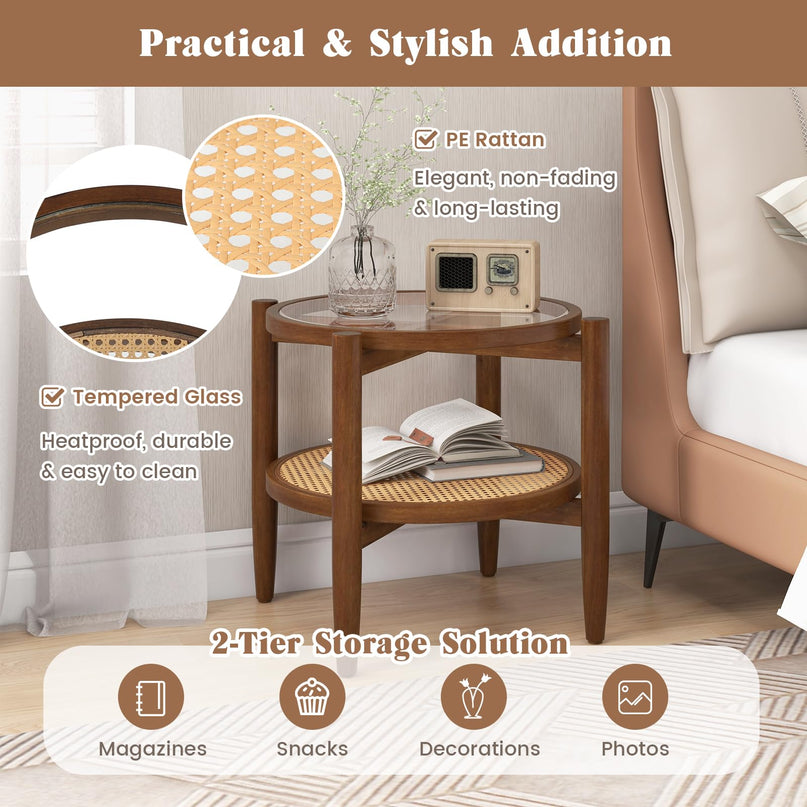 Rattan Round End Table - Giantex