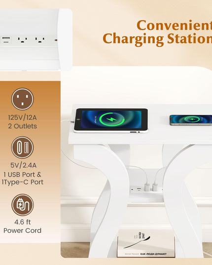 Giantex End Tables with Charging Station Set of 2 |Vintage Nightstands for Living Room