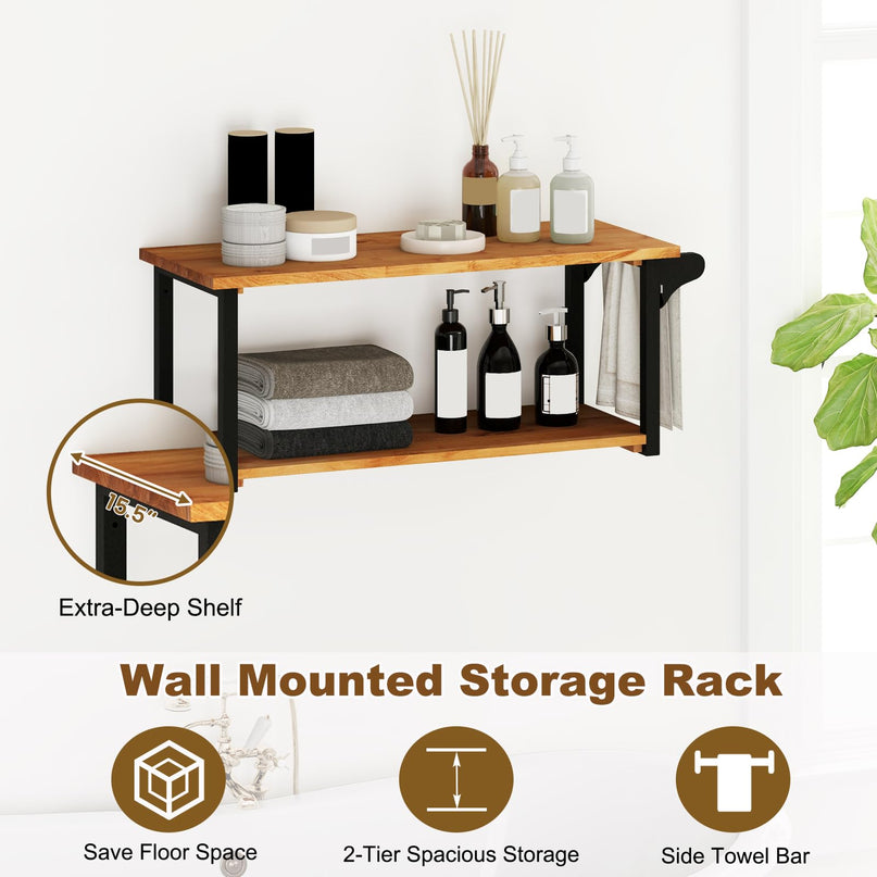 Giantex Teak Wood Bathroom Floating Wall Shelves 40.5" Long 2-Tier Storage Rack