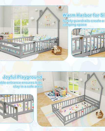 Giantex Twin Floor Bed, House-Shaped Montessori Bed Frame with Headboard, Full-Length Guardrail