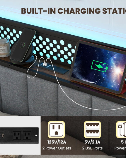 Giantex LED Bed Frame with Charging Station, Metal Platform Bed with Upholstered Headboard & 4 Storage Drawers