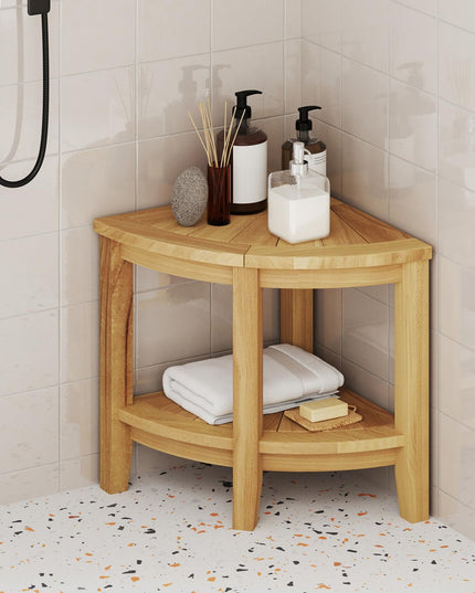Giantex Corner Shower Stool - Teak Wood Shower Bench Seat with Storage Shelf for Shaving Legs