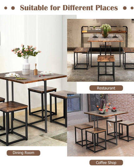 5 Piece Dining Table Set, Dining Set for 4 with Square Stools, Walnut & Black