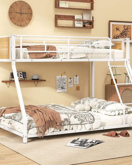 Giantex Twin Over Full Metal Bunk Bed Boho Rattan Floor Bunkbeds