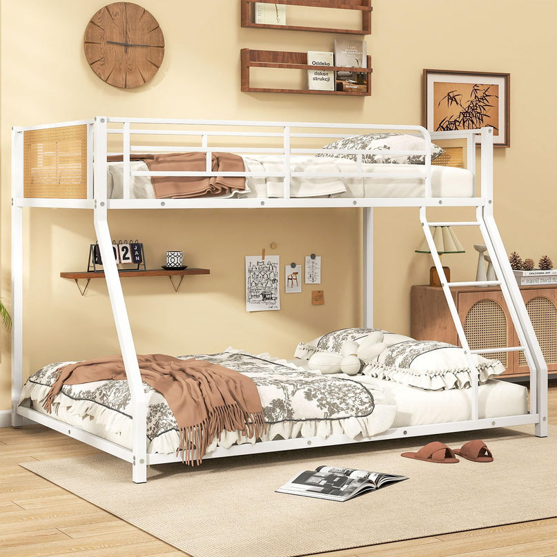 Giantex Twin Over Full Metal Bunk Bed Boho Rattan Floor Bunkbeds