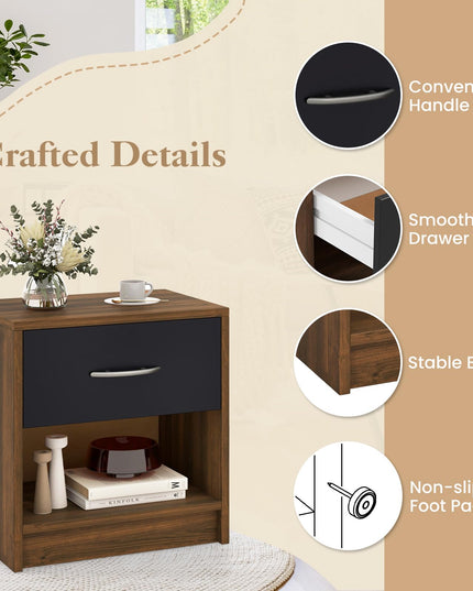Giantex Night Stand Set of 1/2 with Drawer, Wood  End Table with Open Storage Shelf for Bedroom