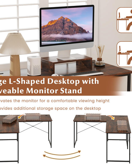 59 Inch Reversible Corner Desk with Power Outlet and USB Ports & Monitor Stand