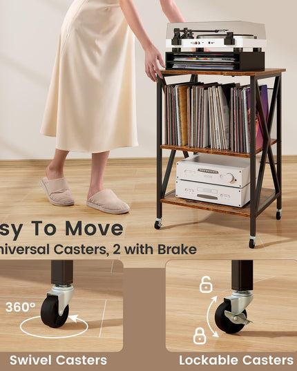 Giantex Record Player Stand with Charging Station, Turntable Stand with Record Storage & 4 Rolling Wheels