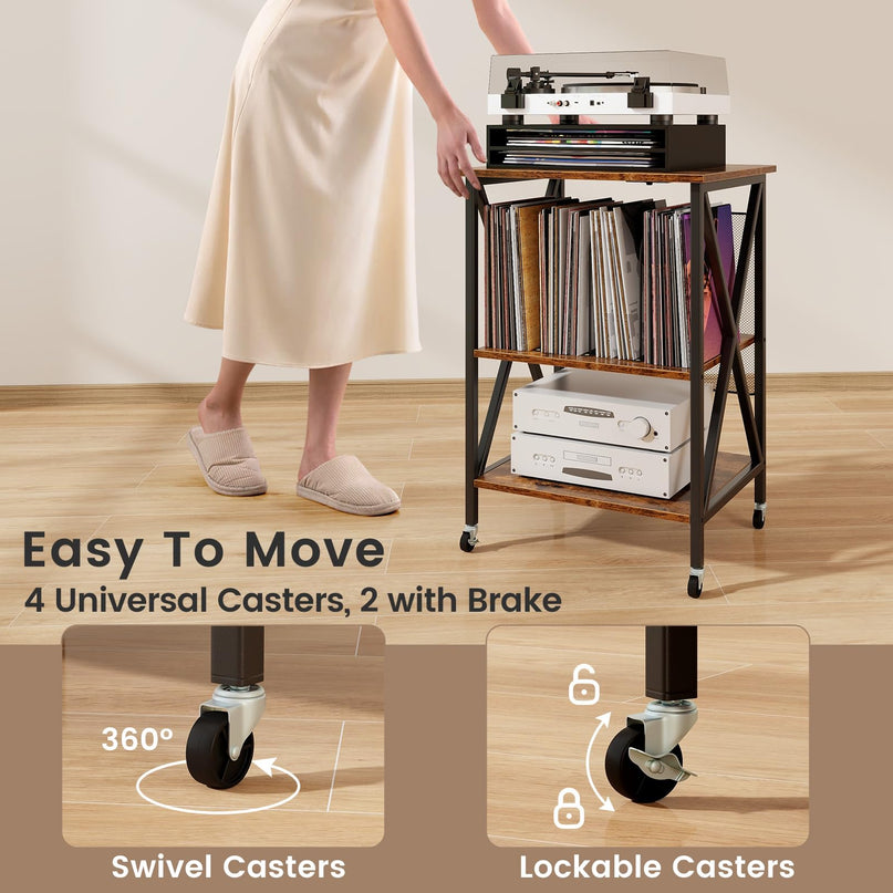 Giantex Record Player Stand with Charging Station, Turntable Stand with Record Storage & 4 Rolling Wheels