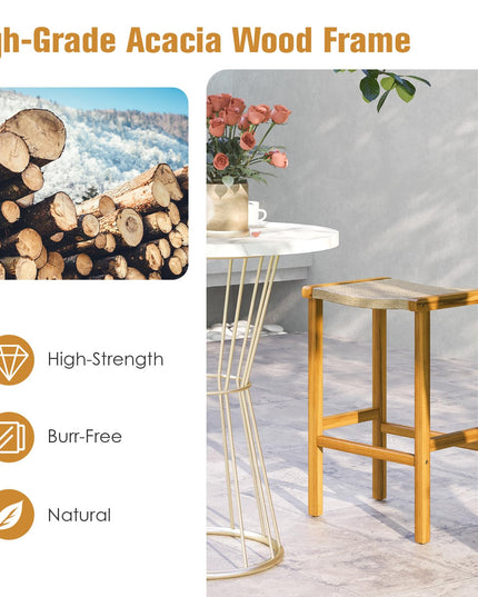 Giantex Patio Wood Bar Stools Set of 2, Acacia Wood Bar Stools w/Rattan Woven Seat
