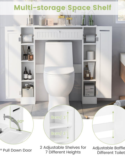 Over-The-Toilet Rack Bathroom Shelf Storage Cabinet Wooden Drop Door Freestanding Spacesaver Improvements, White