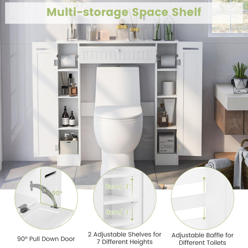 Over-The-Toilet Rack Bathroom Shelf Storage Cabinet Wooden Drop Door Freestanding Spacesaver Improvements, White