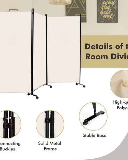 Giantex 3 Panel Room Divider with Wheels, 103''W x 71''H Folding Privacy Screen