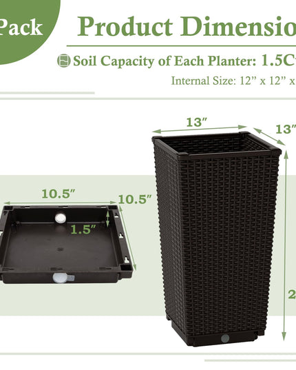 Giantex Set of 2 Outdoor Wicker Flower Pot, 23 Inch Tall Planters with Drainage Hole, Self-Watering Tray
