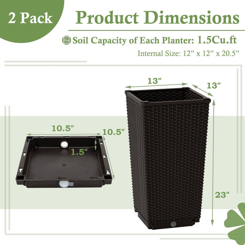 Giantex Set of 2 Outdoor Wicker Flower Pot, 23 Inch Tall Planters with Drainage Hole, Self-Watering Tray