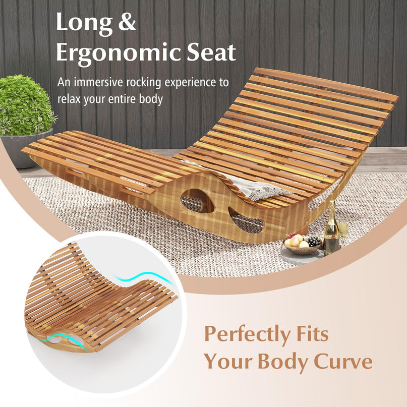 Giantex Extra-Large Dual Outdoor Rocking Chair, Acacia Wood Patio Lounge Chair with Ergonomic Curved & Slatted Seat