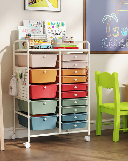 Giantex 15 Drawer Rolling Storage Cart with Metal Tabletop & Pegboard
