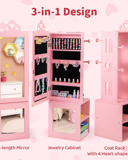 CHARMAID Kids Mirror Jewelry Cabinet - 47" Standing Jewelry Armoire with Full Length Mirror