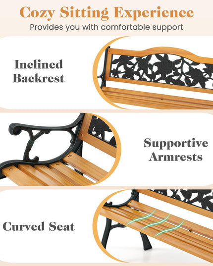 Giantex Outdoor Bench, Garden Bench with Slatted Seat, Curved Armrests, Flower Pattern Backrest, 470 Lbs Capacity
