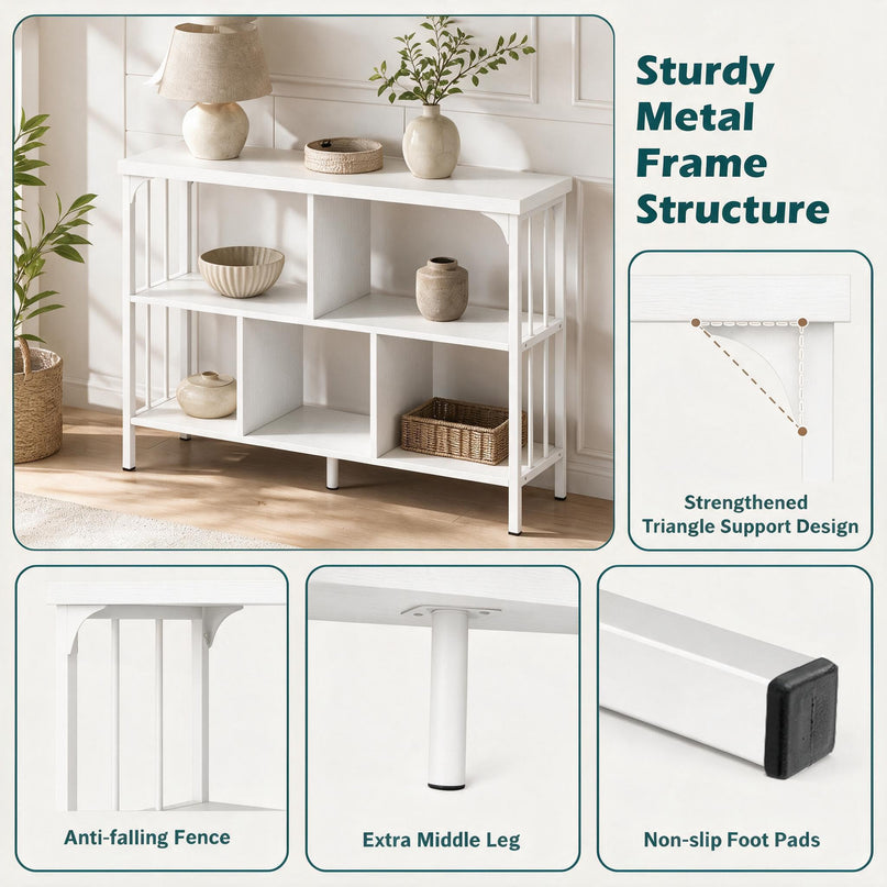 GIANTEX 3-Tier Industrial Low Wide Bookshelf w/ 5 Cube Storage Organizer