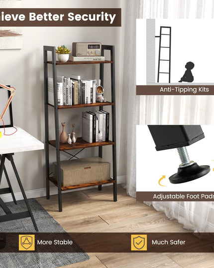 Giantex Industrial 4-Tier Bookshelf, Ladder Bookshelf with Metal Frame, Anti-Tipping Kits