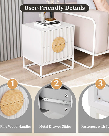 Giantex Fluted Nightstand with 2 Drawers Natural Circle Handle & Metal Frame
