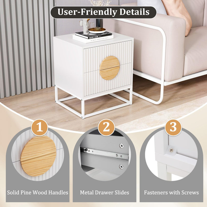 Giantex Fluted Nightstand with 2 Drawers Natural Circle Handle & Metal Frame