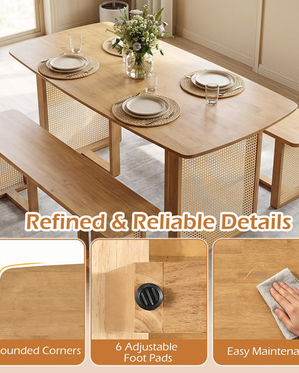 GIANTEX Rattan Dining Table Set for 4 w/ Rubber Wood Kitchen Table & 2 Bench